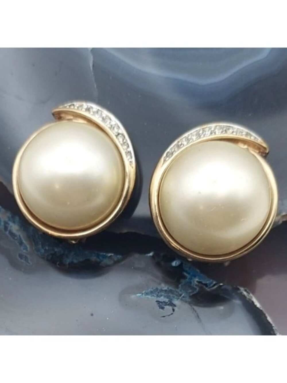 Panetta Faux Mabe Pearl Clip Earrings Prong Set Rhinestone Gold Plated Vintage